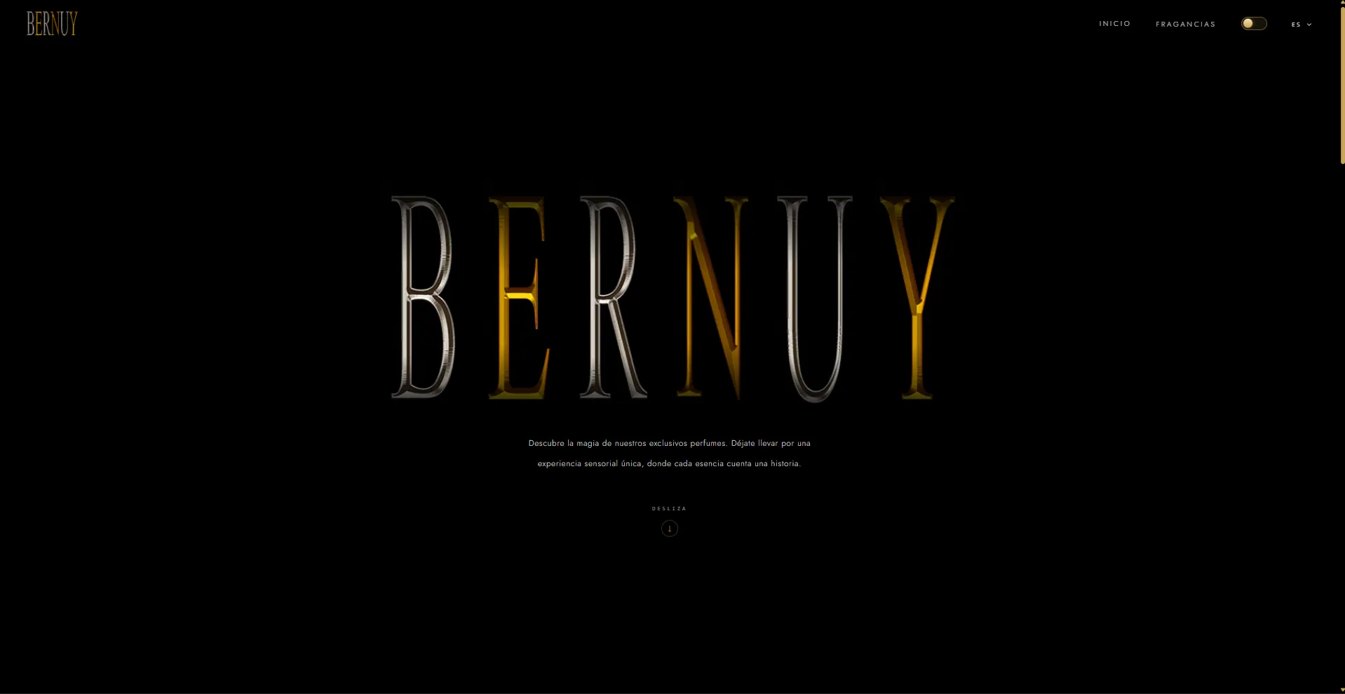 Vista previa de BERNUY: landing premium de perfumería de autor con fragancias destacadas y pirámides olfativas.