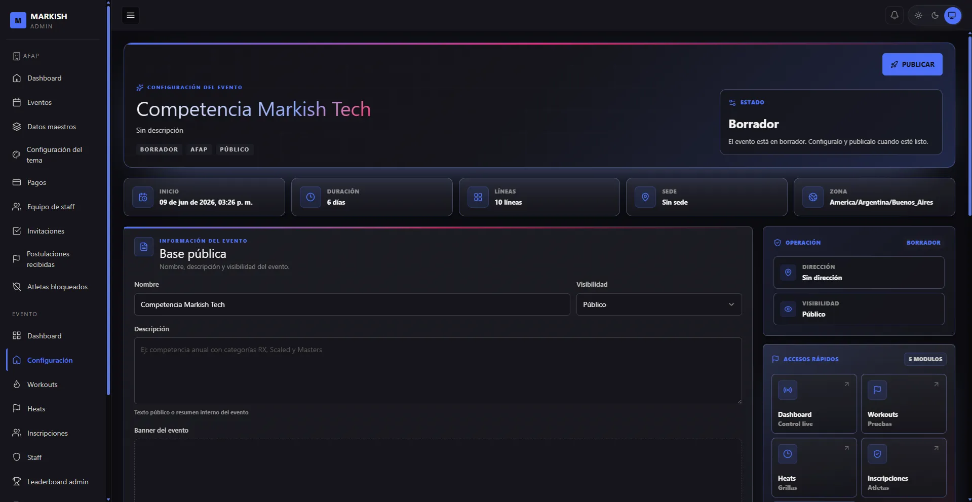 Vista previa de Markish Arena: heat en vivo, leaderboard en tiempo real y scorecard firmada por el juez.