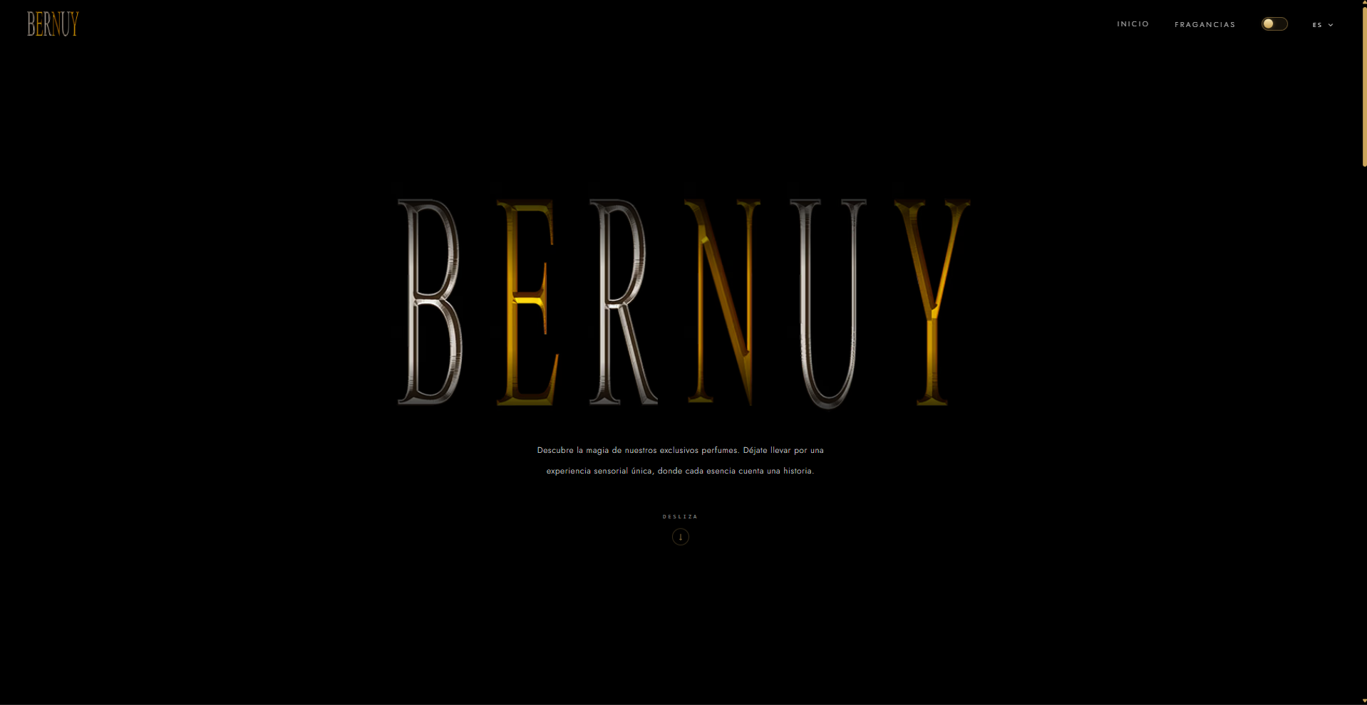 Vista previa de BERNUY: landing premium de perfumería de autor con fragancias destacadas y pirámides olfativas.