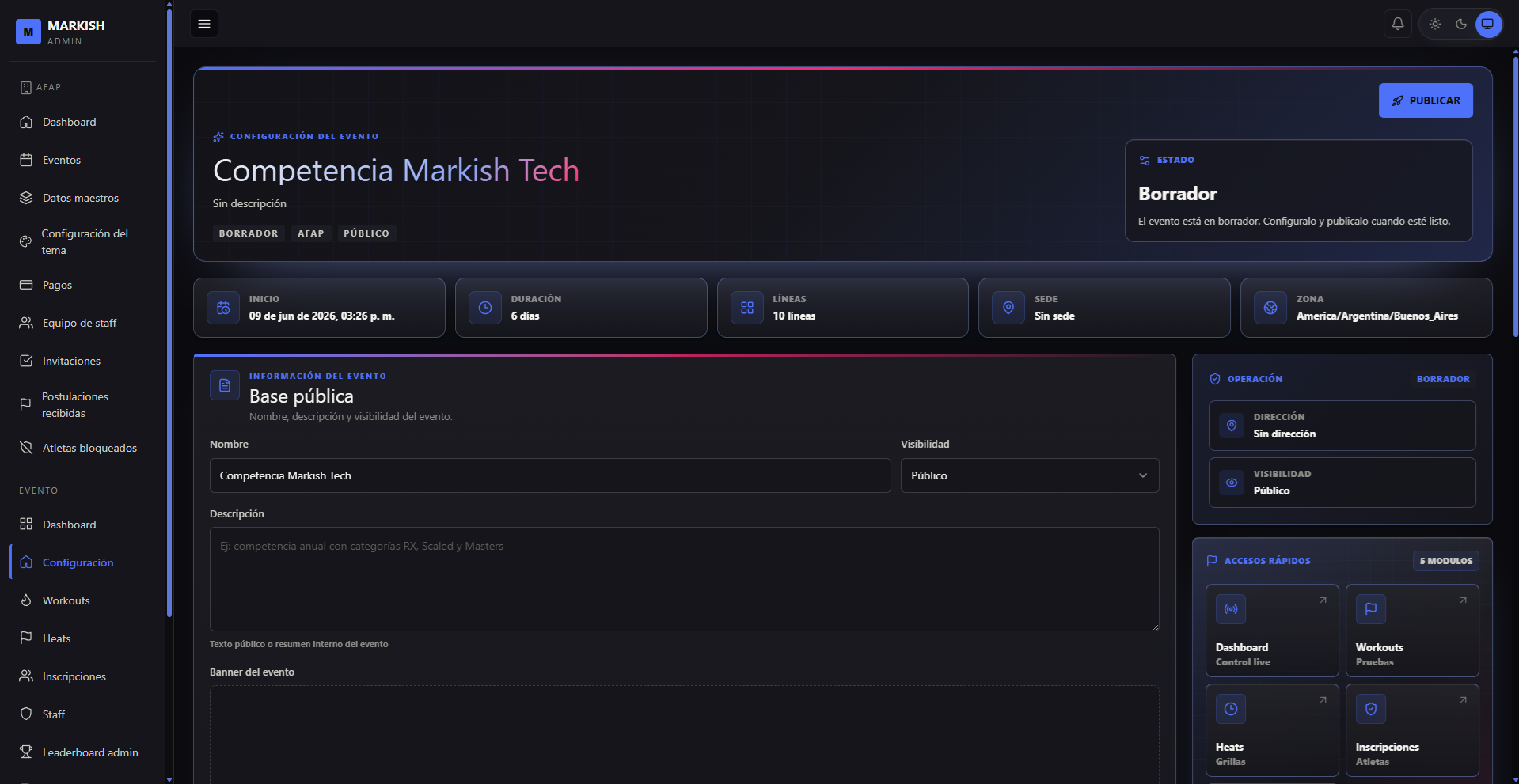 Vista previa de Markish Arena: heat en vivo, leaderboard en tiempo real y scorecard firmada por el juez.